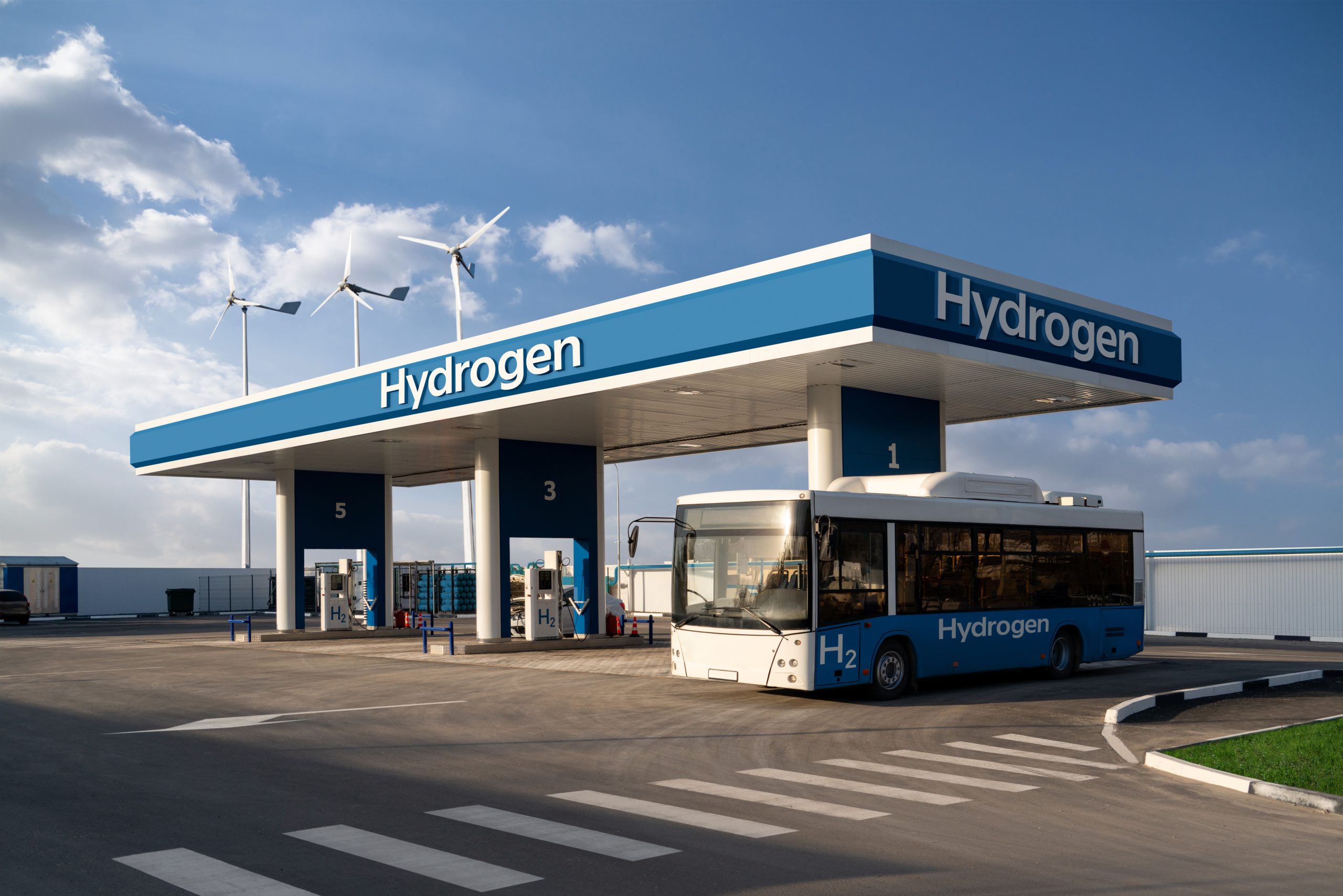 Fuel cell bus at the hydrogen filling station. Concept Fuel cell bus at the hydrogen filling station. Concept
