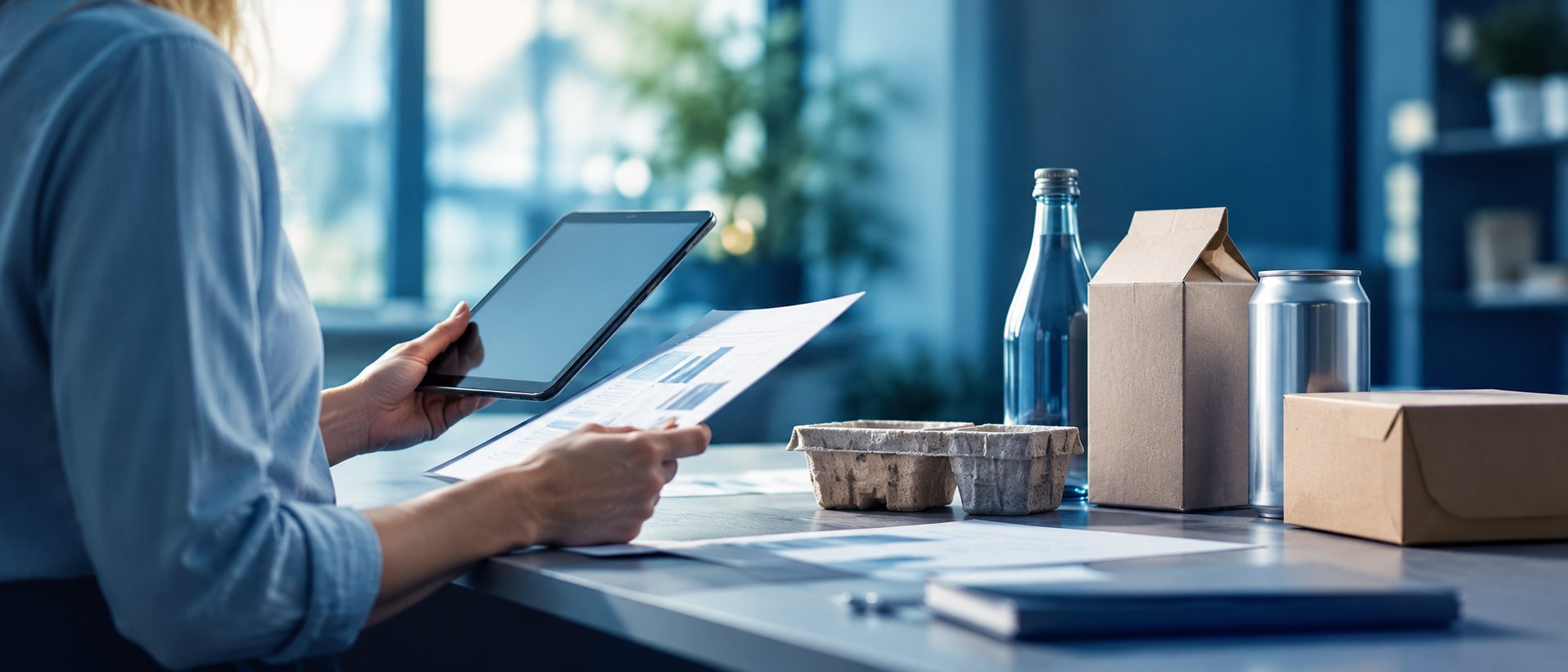 A professional reviewing a report and a tablet next to sample packaging