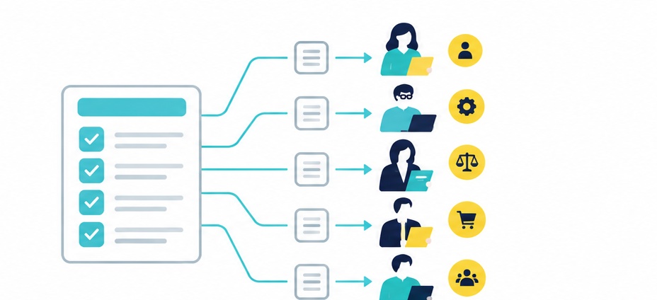 A checklist sending requests to people in HR, IT, legal, procurement and management