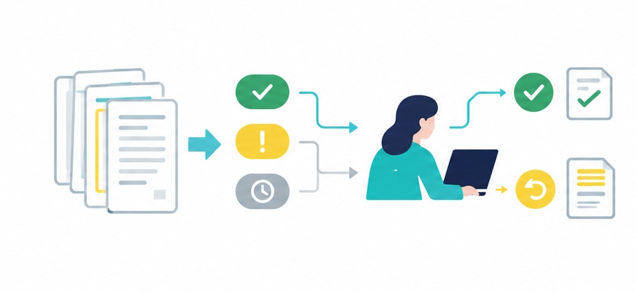Documents arriving in one place with approved, needs review and open status
