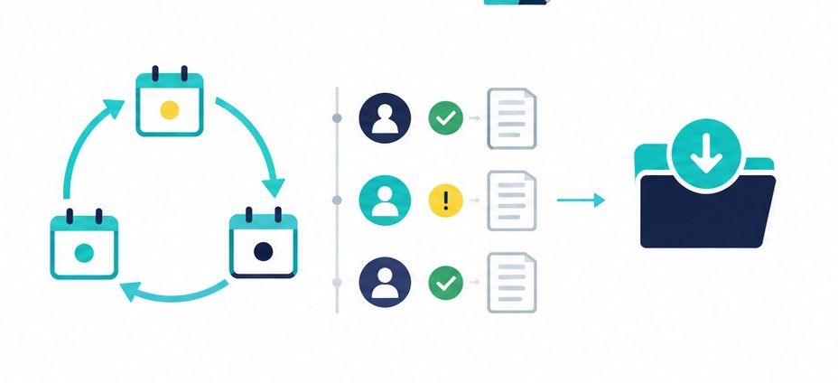 A yearly cycle with a history timeline and a one-click export folder