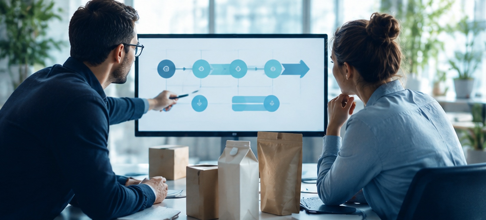 Two colleagues reviewing a supplier request flow on a screen next to packaging samples