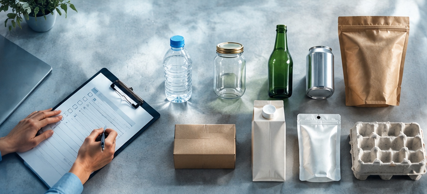 Packaging samples laid out on a table next to a checklist being filled in