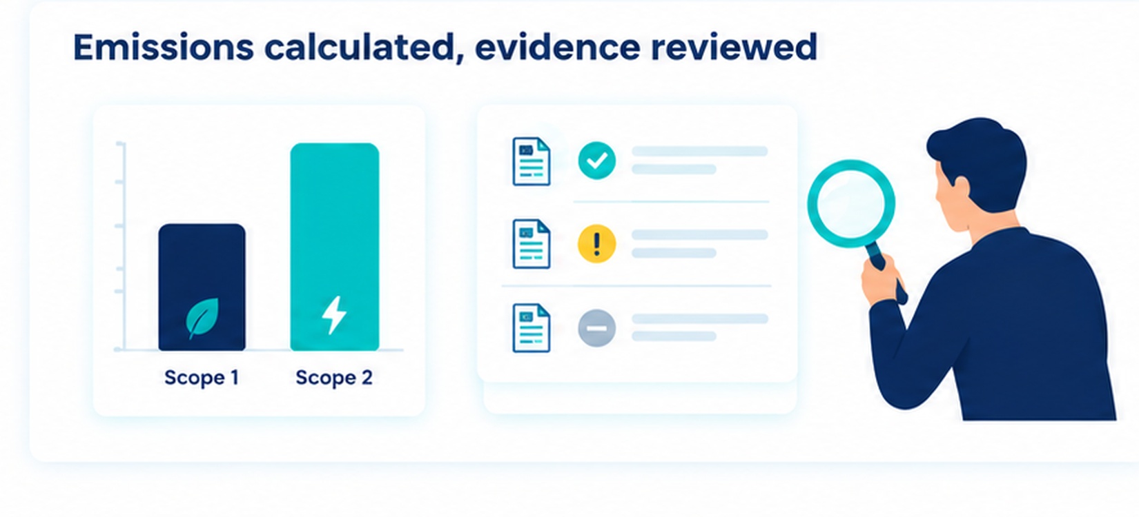 A Scope 1 and Scope 2 emissions chart next to documents with approved, needs review and open status