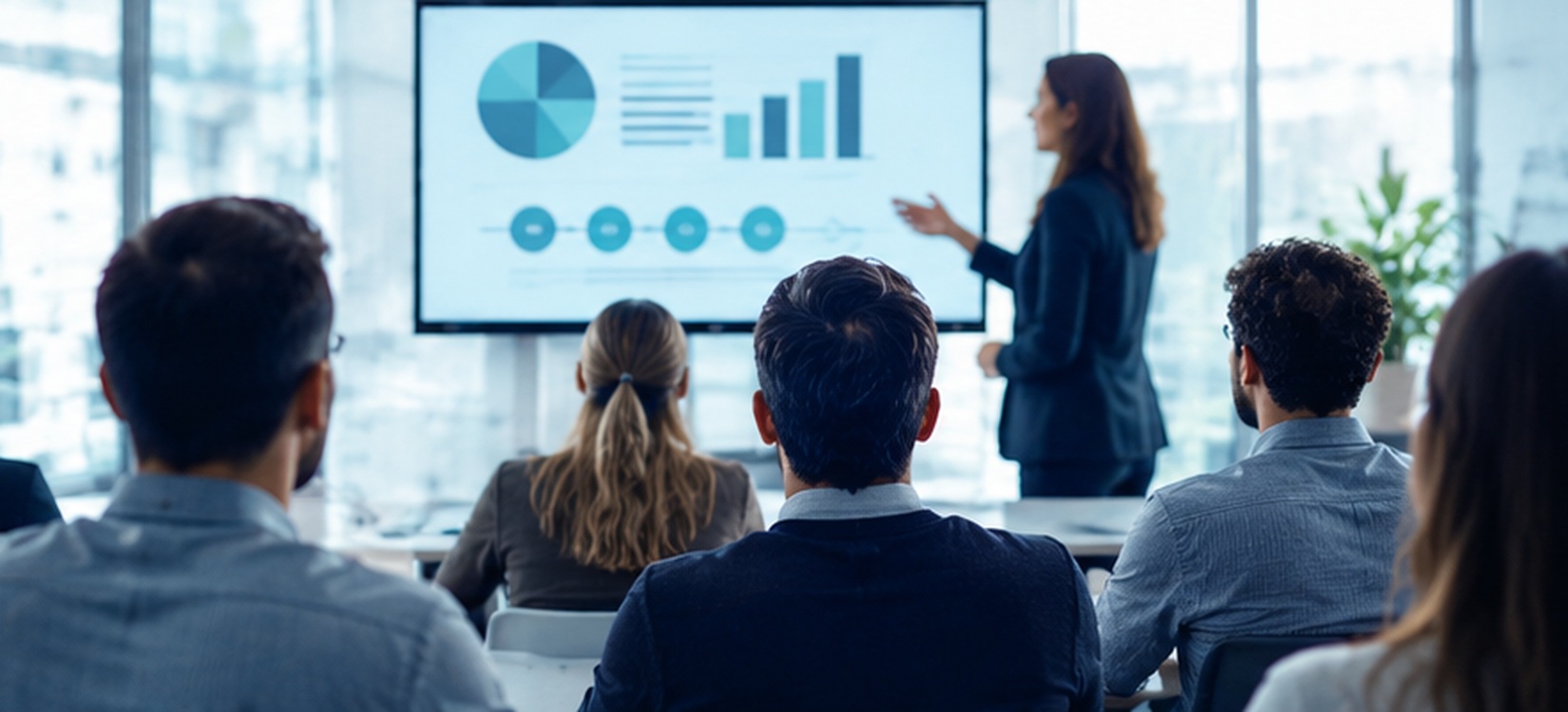 A trainer presenting compliance updates and charts to a team
