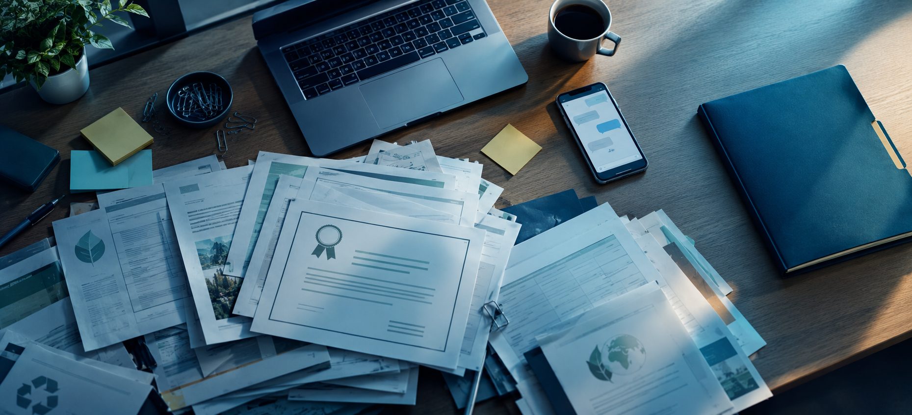 A desk covered with certificates, declarations and delivery notes next to a laptop and a phone