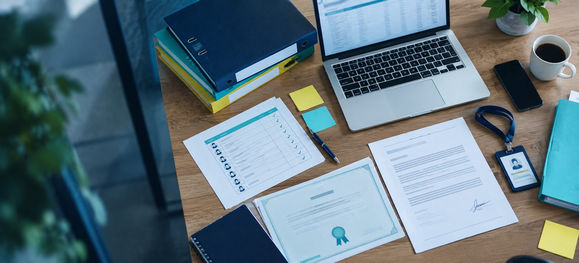 A desk with an information security checklist, policy binders, a training certificate, a signed contract, an access badge and a laptop