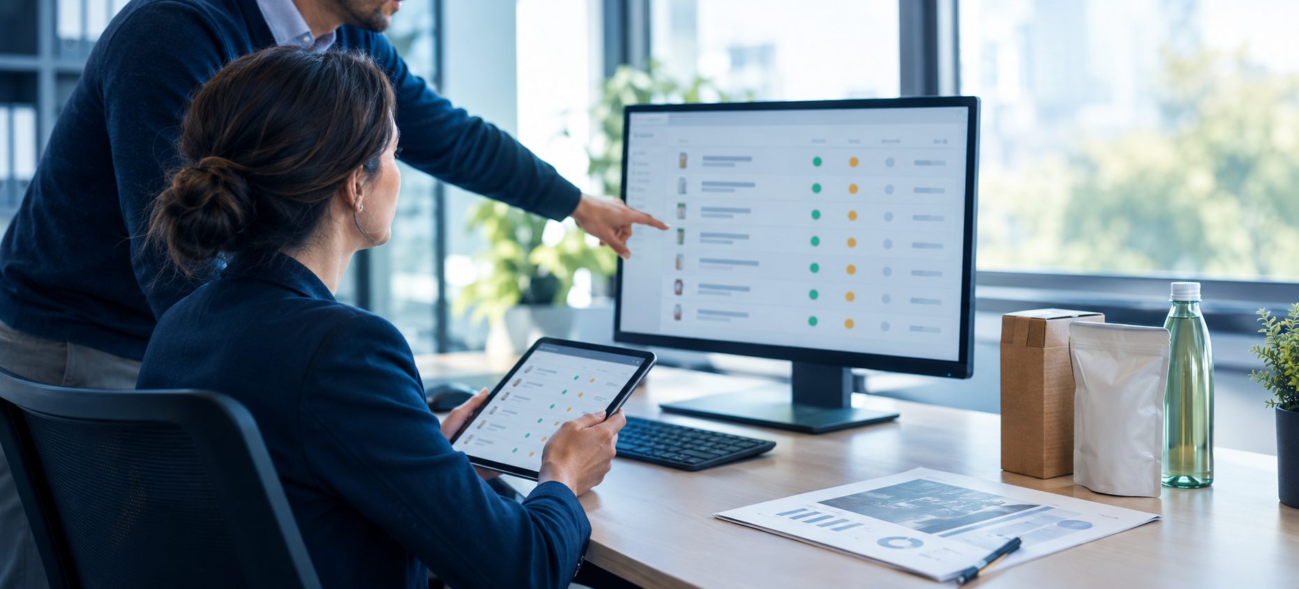 Two colleagues reviewing supplier answers marked approved, under review and open on a screen and a tablet, next to packaging samples
