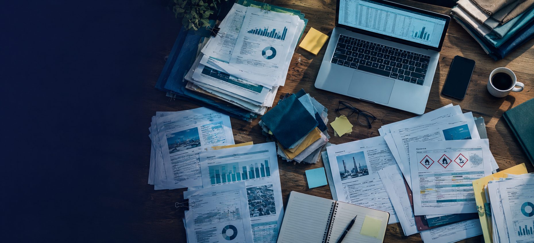 A desk covered with energy bills, charts, safety data sheets and fabric swatches next to a laptop