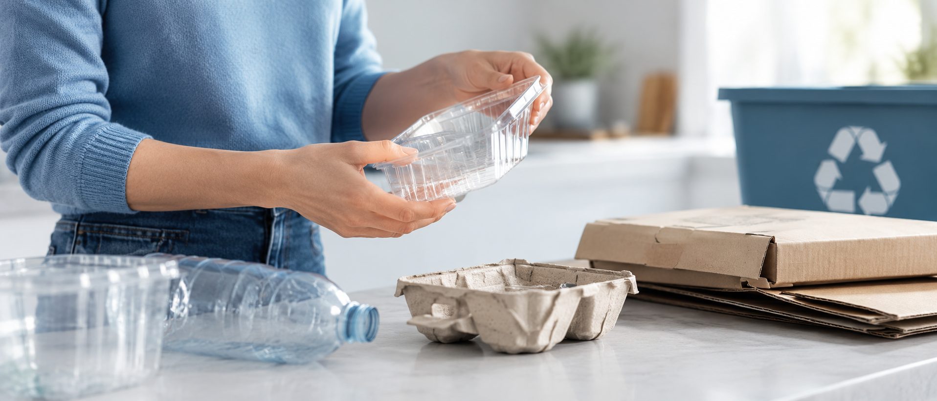 A person sorting plastic, paper and cardboard packaging for recycling