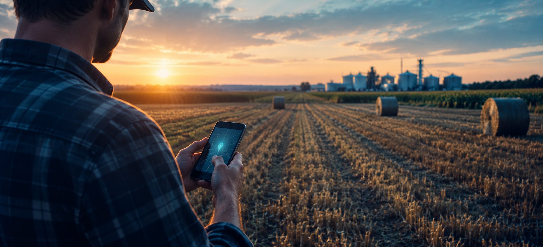 A farmer in a harvested field using a phone that shows the location of the land