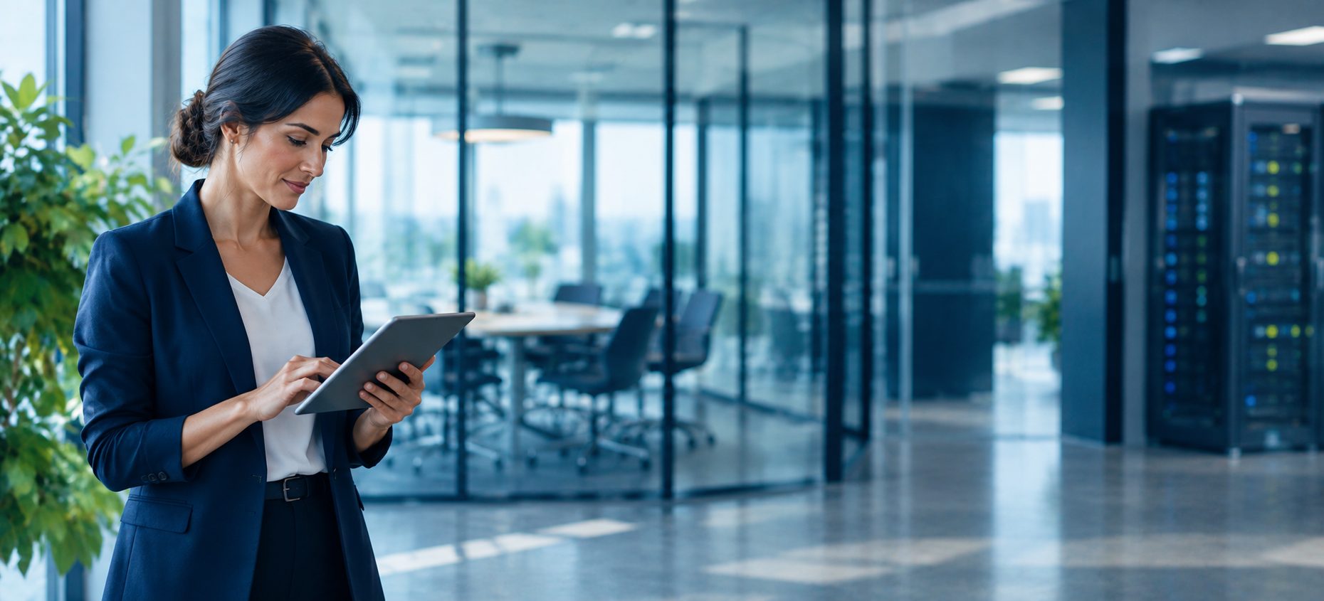 A compliance manager checking a tablet in a modern office with a glass meeting room and a server cabinet behind